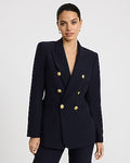 Express Women's Studio Stretch Twill Double Breasted Novelty Button Cropped Business Blazer in Navy Blue