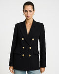 Express Women's Studio Stretch Twill Double Breasted Novelty Button Cropped Business Blazer in Black Small