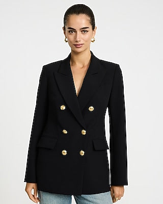 Express Women's Studio Stretch Twill Double Breasted Novelty Button Cropped Business Blazer in Black Small