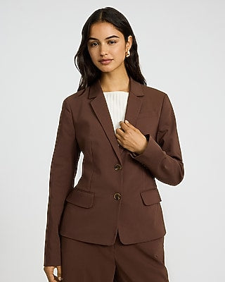 Express Women's Editor Stretch Cotton Fitted Two Button Cropped Business Blazer in Brown Small