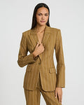 Express Women's Linen-Blend Striped Long Slim Cropped Business Blazer in Green Stripe