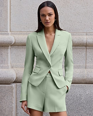 Express Women's Signature Stretch Cropped Fitted Cutaway Business Blazer in Green Garden