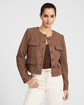 Express Women's Boucle Crew Neck Multi Pocket Jacket in Red Small