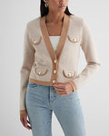 Express Women's Tipped Striped Novelty Button Sweater Jacket in Brown Small