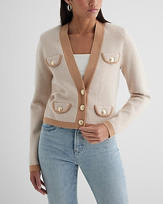 Express Women's Tipped Striped Novelty Button Sweater Jacket in Brown Small