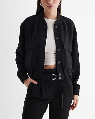 Express Women's Patch Pocket Cropped Bomber Jacket in Pitch Black