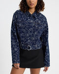 Express Women's Floral Denim Cropped Moto Jacket in Blue Small
