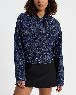 Express Women's Floral Denim Cropped Moto Jacket in Blue Small