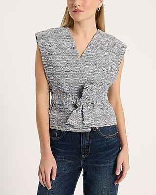 Express Women's Denim Boucle Wrap Cropped Vest in Chambray Blue