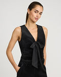 Express Women's Velvet V-Neck Bow Front Vest in Pitch Black
