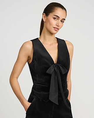 Express Women's Velvet V-Neck Bow Front Vest in Pitch Black