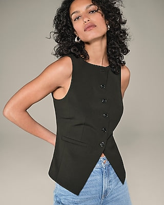 Express Women's Studio Stretch Twill Boat Neck Cutaway Blazer Vest in Black Small