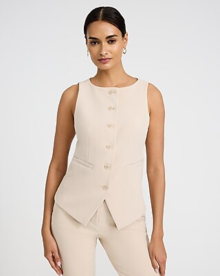 Express Women's Studio Stretch Twill Boat Neck Cutaway Blazer Vest in Neutral Small