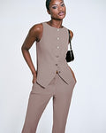 Express Women's Studio Stretch Twill Boat Neck Cutaway Blazer Vest in Mushroom