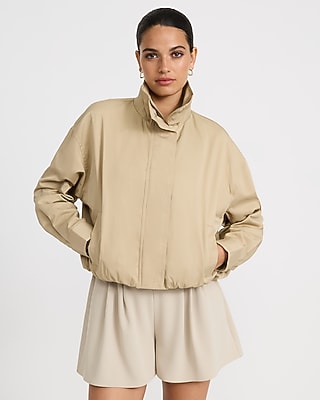 Express Women's High Neck Bubble Hem Bomber Jacket in Light Tan