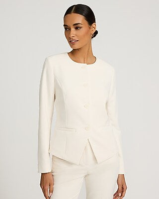 Express Women's Signature Stretch Crew Neck Cutaway Cropped Business Blazer in White Small