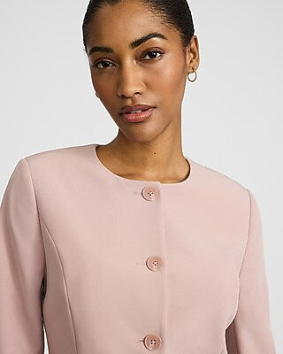 Express Women's Signature Stretch Fitted Collarless Cutaway Cropped Business Blazer in Powder Pink