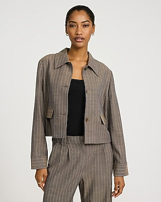 Express Women's Pinstripe Collared Tailored Jacket in Neutral Stripe