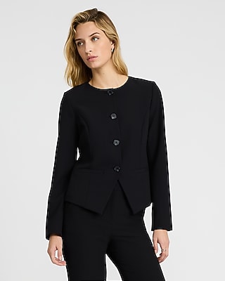 Express Women's Studio Stretch Twill Crew Neck Cutaway Cropped Business Blazer in Black Small