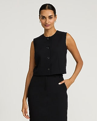 Express Women's Studio Stretch Twill Crew Neck Blazer Vest in Pitch Black
