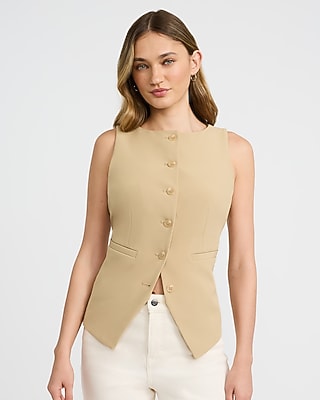 Express Women's Signature Stretch Boat Neck Cutaway Blazer Vest in Brown Small