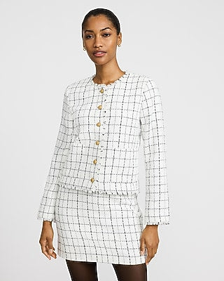 Express Women's Tweed Plaid Novelty Button Lady Jacket in B&w Print