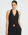 Express Women's Summer-Blend Linen Halter V-Neck Cutaway Blazer Vest in Black Small