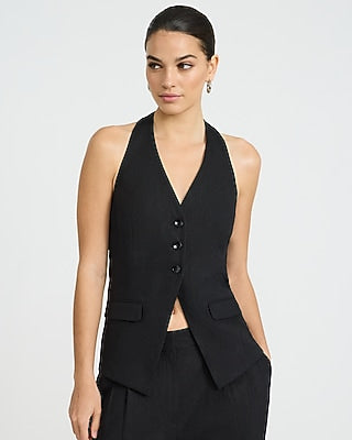 Express Women's Summer-Blend Linen Halter V-Neck Cutaway Blazer Vest in Pitch Black