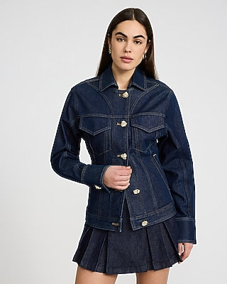 Express Women's Novelty Button Fitted Denim Jacket in Medium Wash