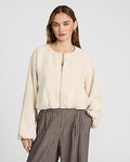 Express Women's Crew Neck Zip Front Bubble Bomber Jacket in Ivory