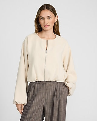 Express Women's Crew Neck Zip Front Bubble Bomber Jacket in Ivory