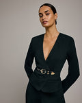 Express Women's Signature Ponte Collarless Belted Cropped Business Blazer in Black Small