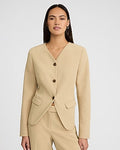 Express Women's Signature Stretch Fitted V-Neck Collarless Cutaway Cropped Business Blazer in Tan