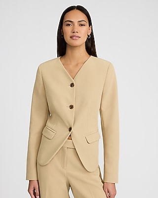 Express Women's Signature Stretch Fitted V-Neck Collarless Cutaway Cropped Business Blazer in Tan