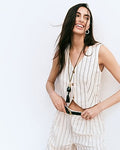 Express Women's Summer-Blend Linen Striped Cropped Blazer Vest in Neutral Stripe