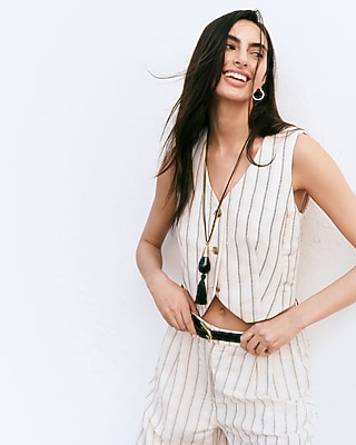 Express Women's Summer-Blend Linen Striped Cropped Blazer Vest in Neutral Stripe