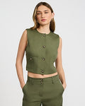 Express Women's Linen-Blend Crew Neck Utility Blazer Vest in Green Small