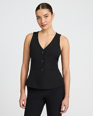 Express Women's Editor Studio Stretch Twill Three Button Peplum Blazer Vest in Pitch Black