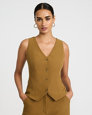 Express Women's Studio Stretch Twill V-Neck Peplum Cutaway Blazer Vest in Brown Small