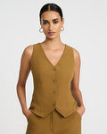 Express Women's Studio Stretch Twill V-Neck Peplum Cutaway Blazer Vest in Tobacco