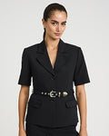Express Women's Stretch Cotton Short Sleeve Belted Cropped Business Blazer in Black Small