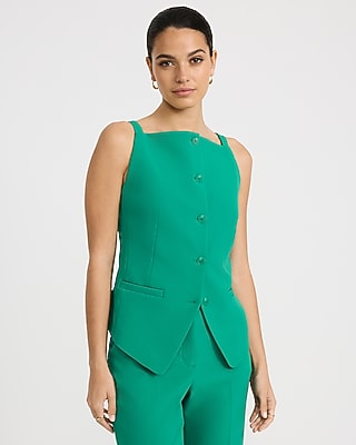Express Women's Studio Stretch Twill Square Neck Cutaway Blazer Vest in Green Small