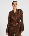 Express Women's Textured Printed Jacquard Wrap Tie Cropped Business Blazer in Chestnut Brown