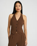 Express Women's Signature Crepe V-Neck Tie Back Blazer Vest in Brown Small