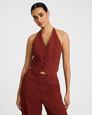 Express Women's Textured Halter V-Neck Tie Back Blazer Vest in Reddish Brown