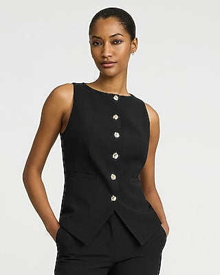 Express Women's Studio Stretch Twill Novelty Button Cutaway Blazer Vest in Pitch Black