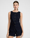 Express Women's Denim Boat Neck Cutaway Vest in Blue Small