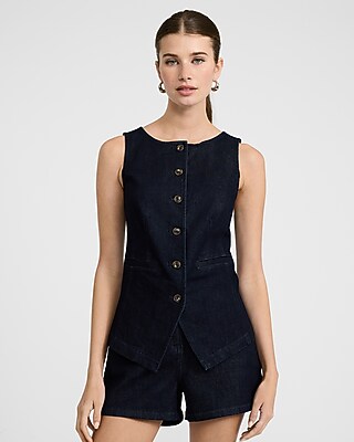 Express Women's Denim Boat Neck Cutaway Vest in Dark Denim