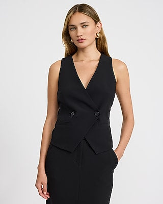 Express Women's Studio Stretch Twill V-Neck Double Breasted Blazer Vest in Pitch Black