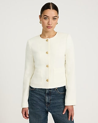 Express Women's Tweed Crew Neck Novelty Button Lady Jacket in White Small